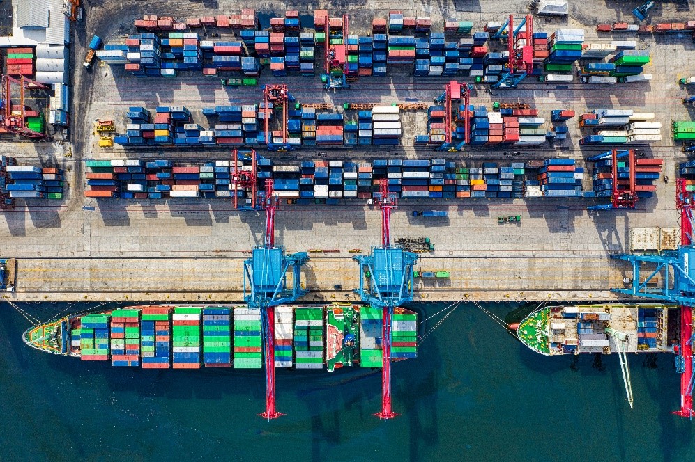 Port in Indonesia with shipping containers for supply chain