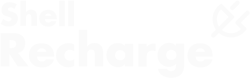 White Shell Recharge logo on a black background, featuring the words Shell Recharge in bold letters and a sleek electric plug icon shaped like a leaf, symbolizing eSIM Orchestration, on the right side.