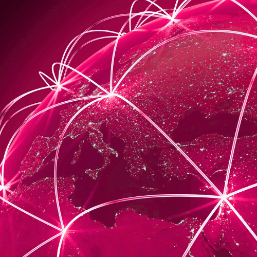A glowing pink-toned image of Earth from space, focused on Europe and part of Asia, with illuminated lines and points connecting cities, symbolizing global digital connectivity and communication networks.