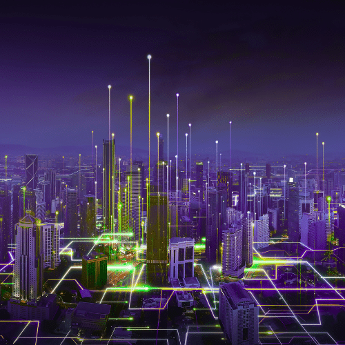 A futuristic cityscape at night with tall skyscrapers, glowing purple and yellow lights, and illuminated digital lines and dots connecting buildings, suggesting advanced technology and connectivity.