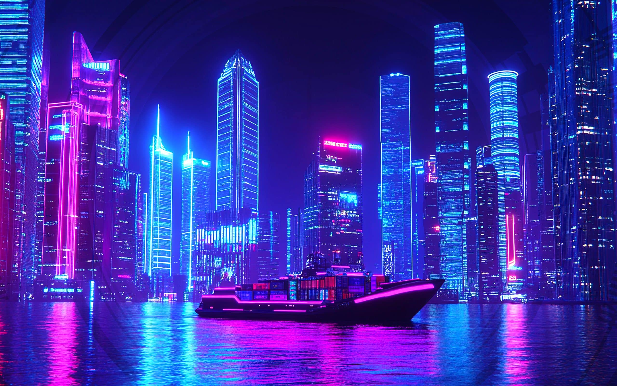 Neon-lit boat cruising a city river at night – illustrating smart IoT-enabled urban transport, connected mobility solutions, and digital innovation by Eseye.