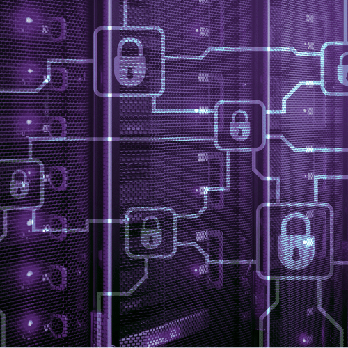 Rows of server racks with a purple overlay, featuring digital lock icons and circuit lines, symbolize cybersecurity and data protection in a networked environment powered by global IoT connectivity.