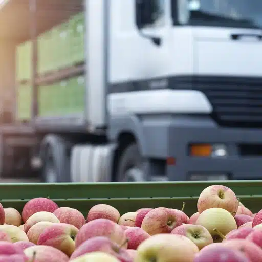 A pile of red and yellow apples in the foreground with a large white delivery truck equipped with IoT technology parked in the background, suggesting the apples are being transported or delivered.
