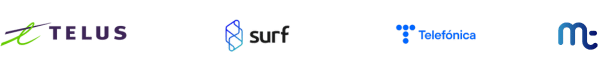 Four logos in a row: TELUS with a green swoosh, Surf with a blue wave-style icon, Telefónica with blue dots and text, and Me with a stylized blue lowercase m and e.
