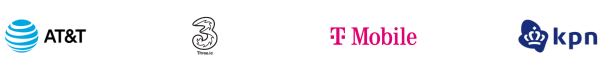 Logos of four telecommunications companies: AT&T, Three, T-Mobile, and KPN, displayed in a horizontal row on a light background.