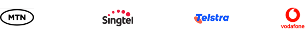 Four telecom company logos displayed from left to right: MTN (black oval logo), Singtel (black text with red dots), Telstra (blue text), and Vodafone (red circular logo with text).