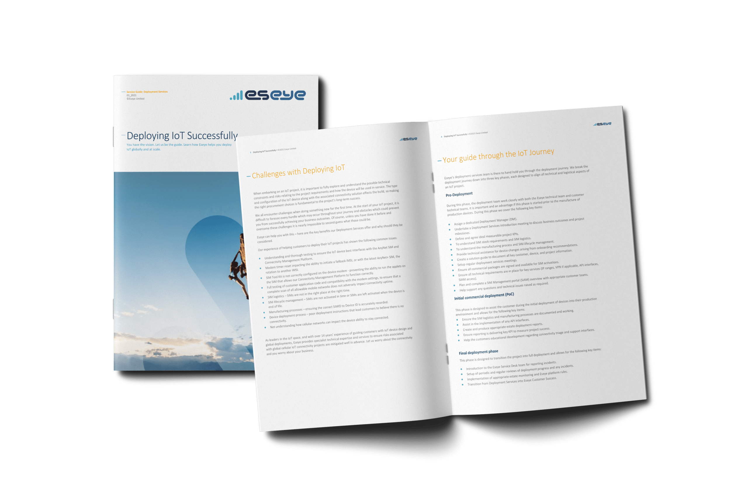A brochure titled Deploying IoT Successfully by Eseye is shown, with the cover featuring a person climbing and an open spread displaying text sections about IoT deployment challenges and a guide to IoT journey steps.