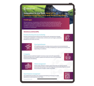 A tablet screen displays an infographic titled “Innovation in the field: How IoT for AgriTech is transforming Smart Farming,” listing challenges, solutions, benefits, and icons related to agriculture and technology.