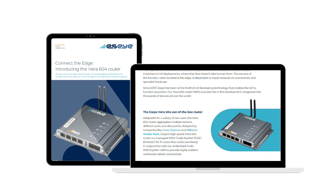 A tablet and a laptop display a product page for the Eseeve Hera 604 router, featuring product information and an image of the router with antennas and several ethernet ports.