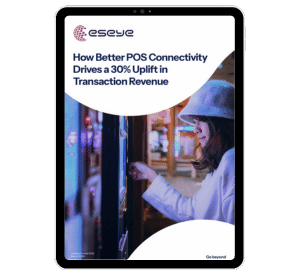 A tablet screen displays a report titled How Better POS Connectivity Drives a 30% Uplift in Transaction Revenue by Eseye, featuring a woman in a white hat using a touchscreen device.