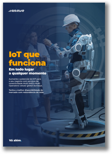 A person wearing a robotic exoskeleton stands on a platform while another person in a lab coat interacts with a tablet. The text highlights IoT solutions for all locations and times. The setting is modern and high-tech.