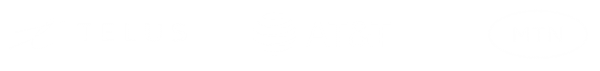 Logos of three telecom companies shown: TELUS with a stylized T icon, AT&T with a globe icon, and MTN inside a circle. All logos are white on a light gray background.