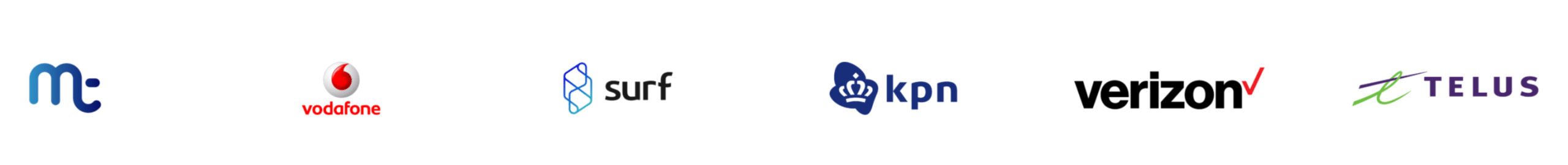Six mobile network provider logos from left to right: Movistar, Vodafone, Surf, KPN, Verizon, and Telus, displayed on a white background.