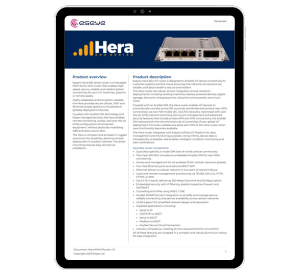 A tablet screen displays a product information page for “Hera,” featuring a device image at the top, company logo “GigaAir,” and two columns of detailed text with headers “Product overview” and “Product description.”.