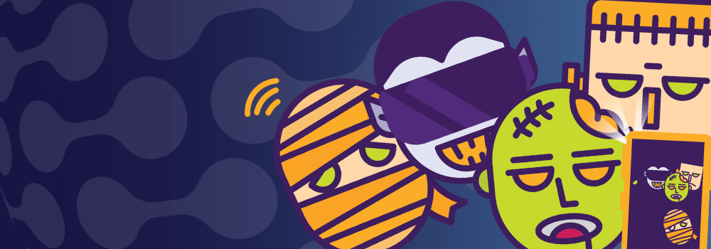 Cartoon monsters using IoT technology: Dracula at a smart fridge, Frankenstein with wearable tech, Mummy with smart bandages, Werewolf checking a smartwatch, Witch using a smart cauldron, Zombie with a tracker, and Ghost near a sensor.