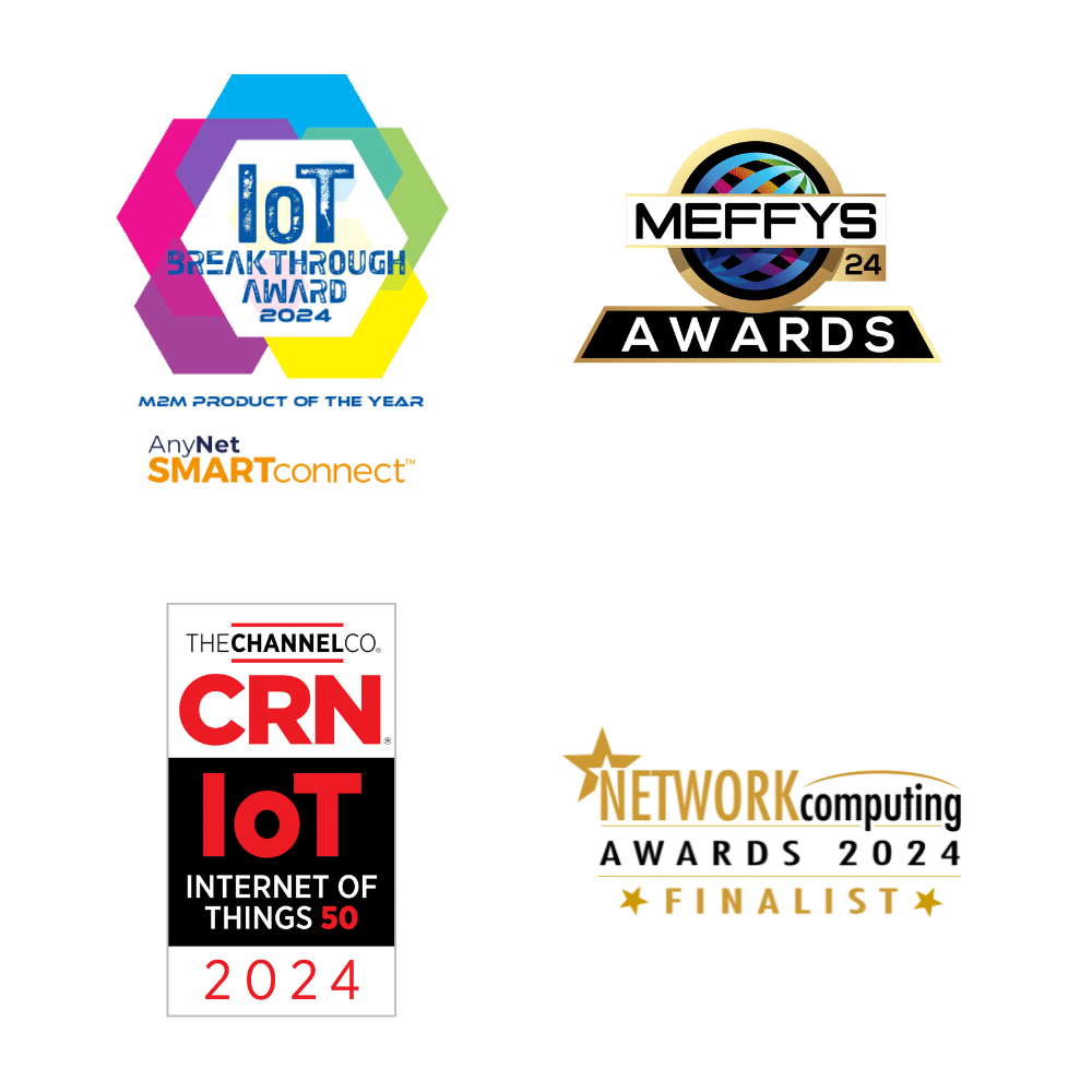 Four award logos: IoT Breakthrough Award 2024, Meffys Awards 2024, CRN IoT Internet of Things 50 2024, and Network Computing Awards 2024 Finalist, presented on a light background.