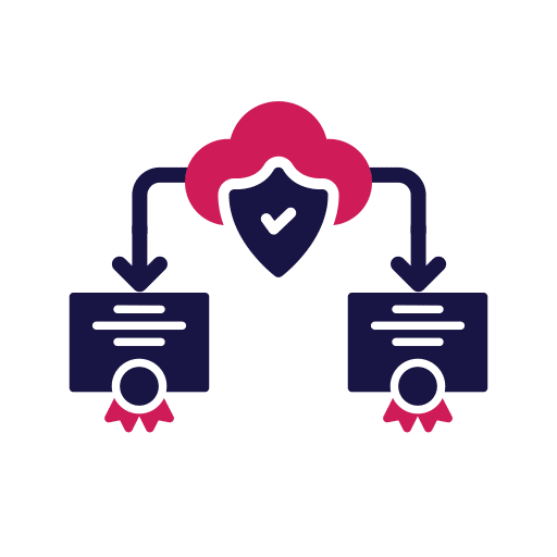 Secure cloud issuing two digital certificates (shield and arrows), representing device-to-cloud identity, key management, and secure certification.