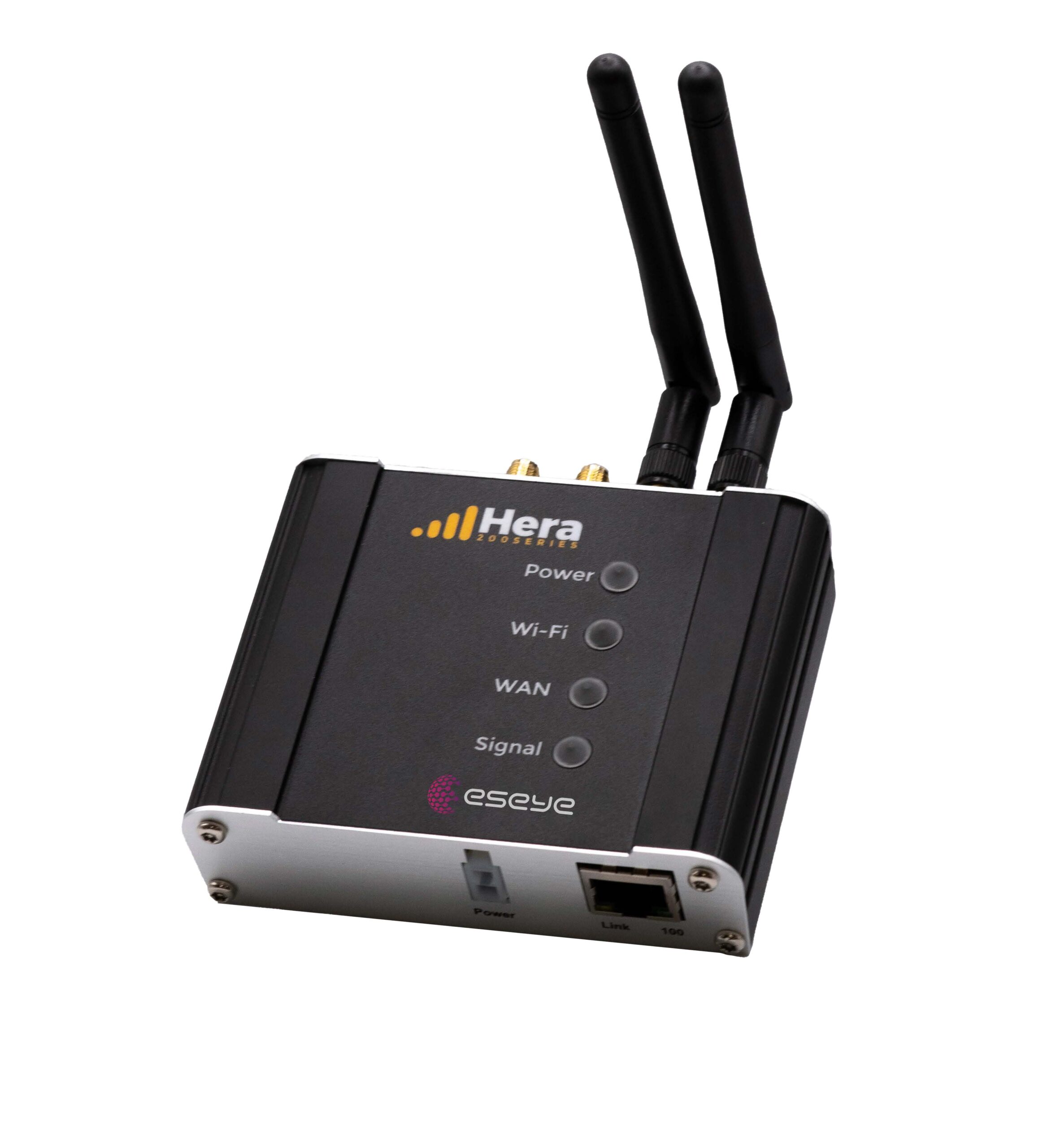 A black and silver Hera 600 IoT router device with two antennas, LED indicators for Power, Wi-Fi, WAN, and Signal, plus convenient front-panel ports. The brand name Eseye is clearly visible.