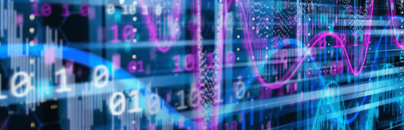 Colorful digital art featuring binary code, blue circuit patterns, and pink data waveforms illustrates technology, data analysis, artificial intelligence, and the decision to Build vs. Buy an Enterprise CMP.