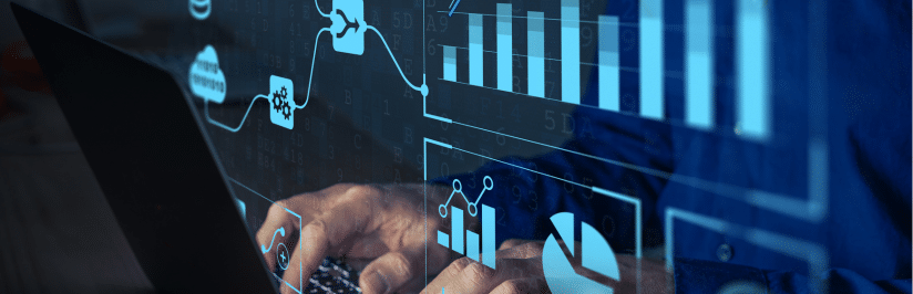 Hands typing on a laptop keyboard with transparent digital graphs, charts, and cloud computing icons overlayed, symbolizing data analysis, technology, and the decision to Build vs. Buy an Enterprise CMP for business intelligence.