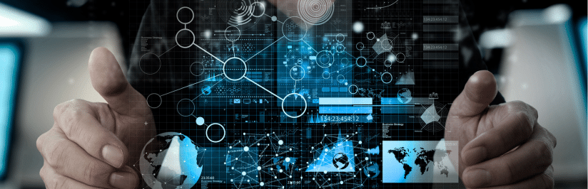A person’s hands surround digital graphics displaying interconnected network nodes, data charts, world maps, and technology icons, symbolizing global digital communication and data analysis when considering Build vs. Buy an Enterprise CMP.