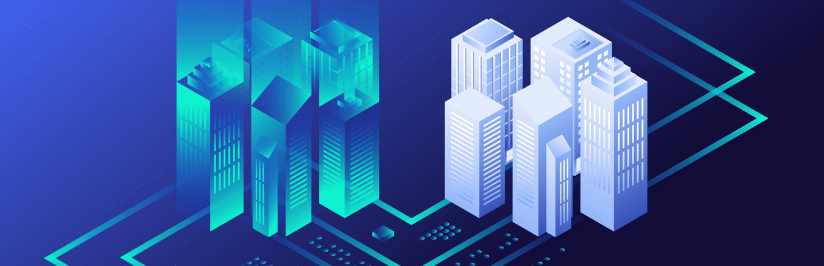 Isometric illustration of two clusters of modern skyscrapers, one glowing green and the other white, connected by digital blue lines on a dark background, symbolizing smart cities or the Build vs. Buy an Enterprise CMP decision in technology.