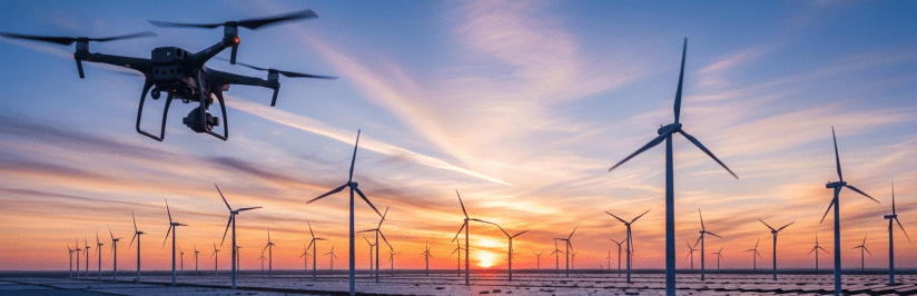 A drone flies over a large field of wind turbines at sunset, showcasing renewable energy technology and modern aerial monitoring—much like weighing Build vs. Buy an Enterprise CMP decisions for efficient operations.