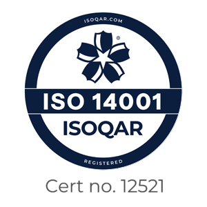 A circular badge with a stylized flower, the text ISO 14001 ISOQAR REGISTERED, and Cert no. 12521 below. The website ISOQAR.COM appears at the top of the badge. Learn more about Eseye’s commitment to quality.