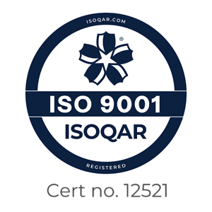 ISO 9001 certification badge with a blue and white circular design, featuring a stylized flower logo, the text “ISO 9001 ISOQAR,” and “Cert no. 12521” written below. Learn more about Eseye’s commitment to quality standards.