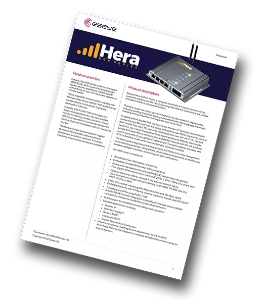 A tilted product information sheet for the Hera 600 IoT router by Eseye featuring a device image, product overview, specifications, and descriptions with purple and orange accents on a white background.