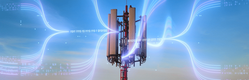 A cell tower stands against a clear blue sky, surrounded by illustrated streams of binary code and light waves, representing FWA data transmission and wireless connectivity.