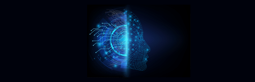 A digital illustration of a human face in blue wireframe, merging with a circuit board pattern, symbolizing the connection between artificial intelligence and technology on a dark background.