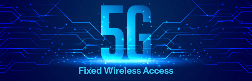 Large “5G” text in blue with glowing light effects, circuit-like lines, and dots on a dark blue background. Below, “Fixed Wireless Access (FWA)” appears in bold blue text, highlighting the future of fixed wireless access technology.