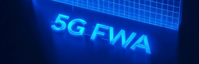Glowing blue 3D text reading 5G FWA is displayed on a dark background with a grid pattern above it, emphasizing the advanced connectivity of FWA technology.