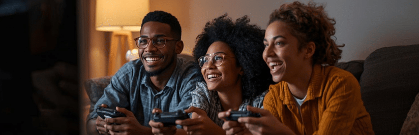 Three friends sit on a couch in a warmly lit room, smiling and holding video game controllers as they enjoy fast, lag-free gaming together, thanks to 5G FWA connectivity. They appear excited and fully engaged.