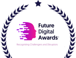 A laurel wreath encircles a stylized pink digital face with the text Future Digital Awards: Recognising Challengers and Disruptors beside it. A star sits at the top of the wreath; learn more about Eseye’s role in driving innovation.