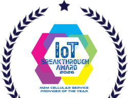 A colorful hexagonal badge with IoT Breakthrough Award 2026 in bold, surrounded by blue laurel branches and a star, with About Eseye and the text M2M Cellular Service Provider of the Year below.