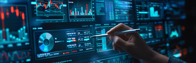 A hand holding a stylus interacts with a digital screen displaying colorful financial charts and analytics, suggesting financial analysis or stock market monitoring in a high-tech environment powered by managed fixed wireless access.