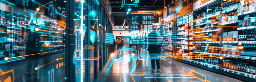 A person walks down a brightly lit supermarket aisle, surrounded by products, as digital graphics illustrate advanced UK managed fixed wireless access for retail, hinting at a futuristic and connected smart retail environment.
