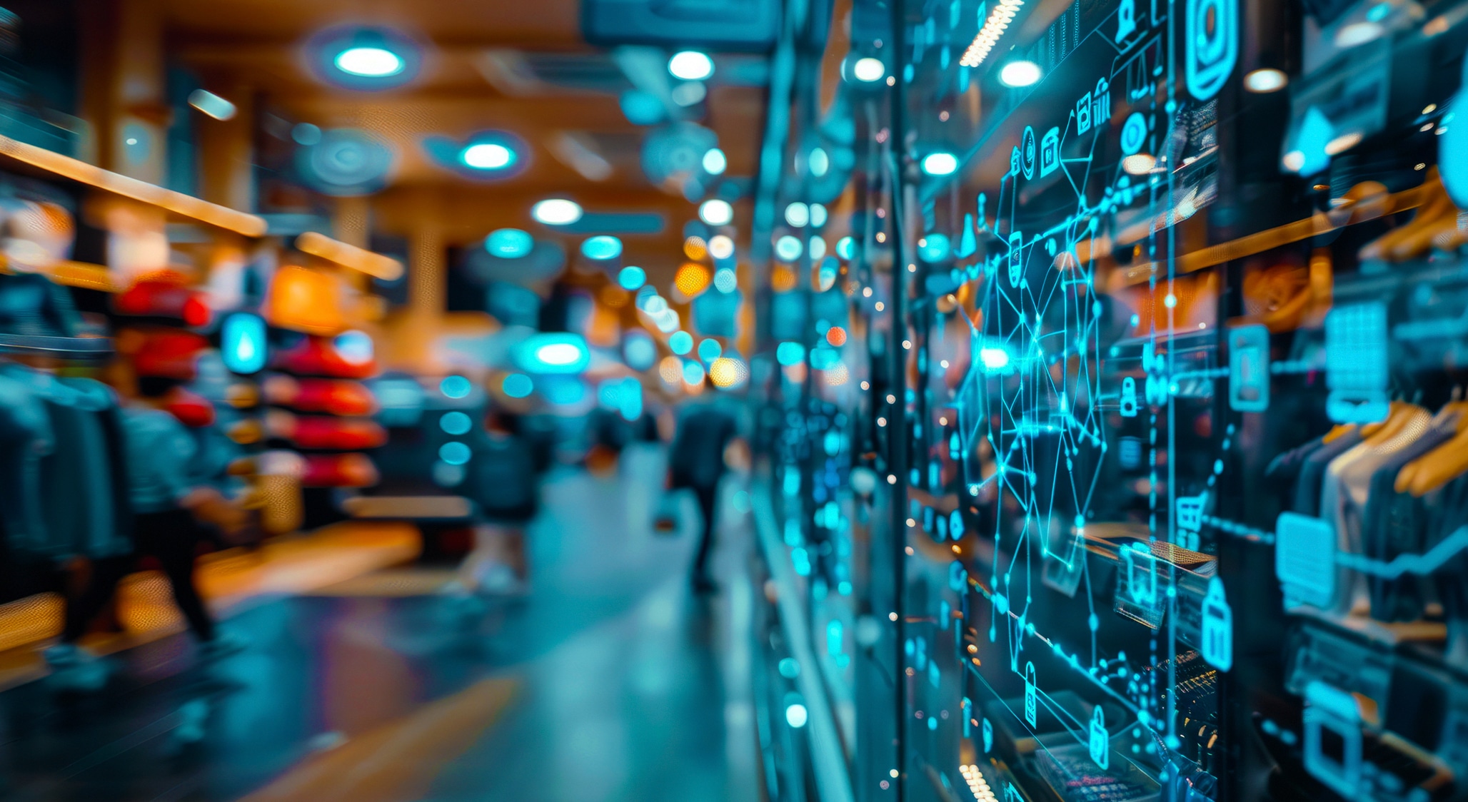 A futuristic clothing store with digital interfaces and data graphics superimposed on glass displays. Shoppers explore brightly lit aisles, where glowing blue technology icons hint at seamless connectivity powered by fixed wireless access.