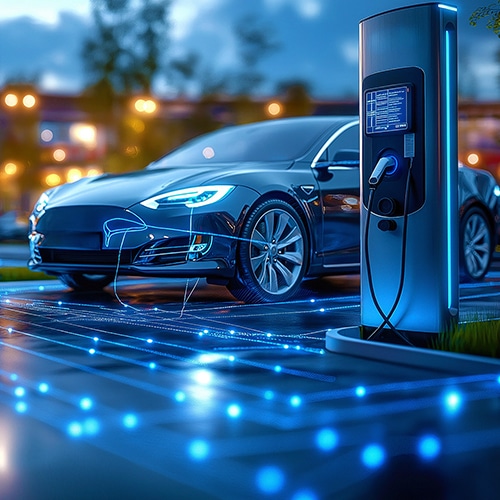A sleek electric car charges at a modern station at night, with blue LED lights illuminating the ground and charging point, while fixed wireless access enables seamless connectivity in this futuristic atmosphere.