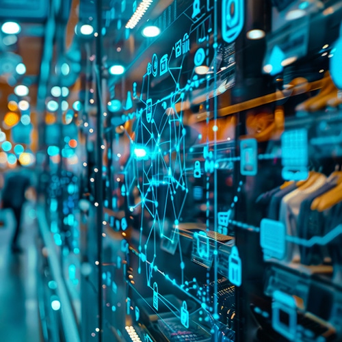 Clothing store with racks of clothes, overlaid with glowing blue digital icons and network lines, representing smart retail technology powered by fixed wireless access. The background is blurred, suggesting a modern, high-tech environment.