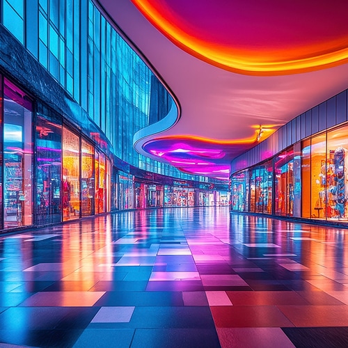 A modern shopping mall corridor with glass storefronts and vivid neon and LED lighting in pink, purple, and orange tones reflects on shiny tiled floors—creating a futuristic, colorful atmosphere enhanced by fixed wireless access connectivity.