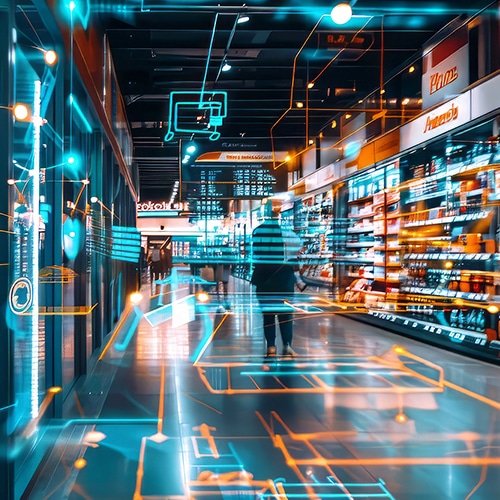 A person walks through a brightly lit supermarket aisle with digital, blue-orange graphics overlaying the scene, suggesting futuristic retail shopping powered by smart technology and fixed wireless access.
