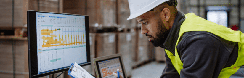 A man wearing a white hard hat and yellow safety vest reviews data on two computer monitors and writes on a clipboard, utilizing warehousing connectivity while working in a warehouse with shelves of boxes in the background.